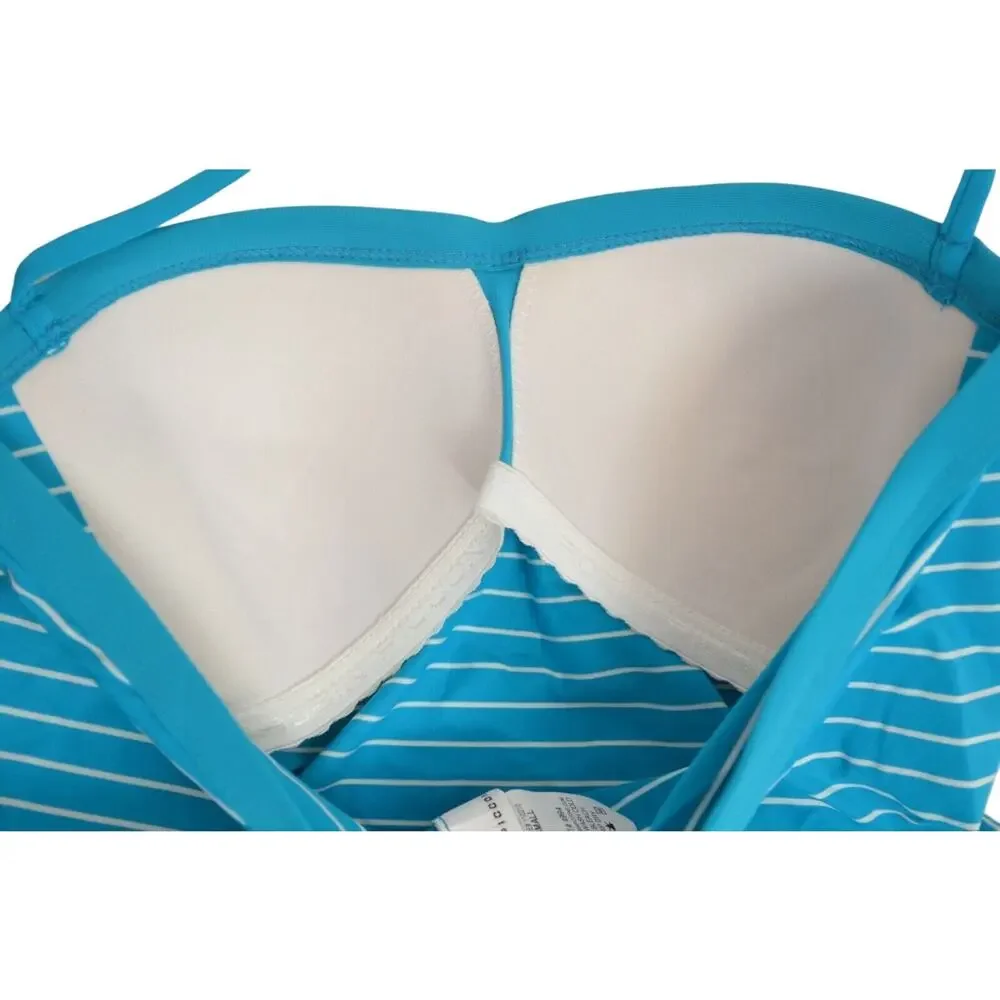 ROBIN PICCONE Women's Blue & White Striped Tankini Top w/ Halter Strap